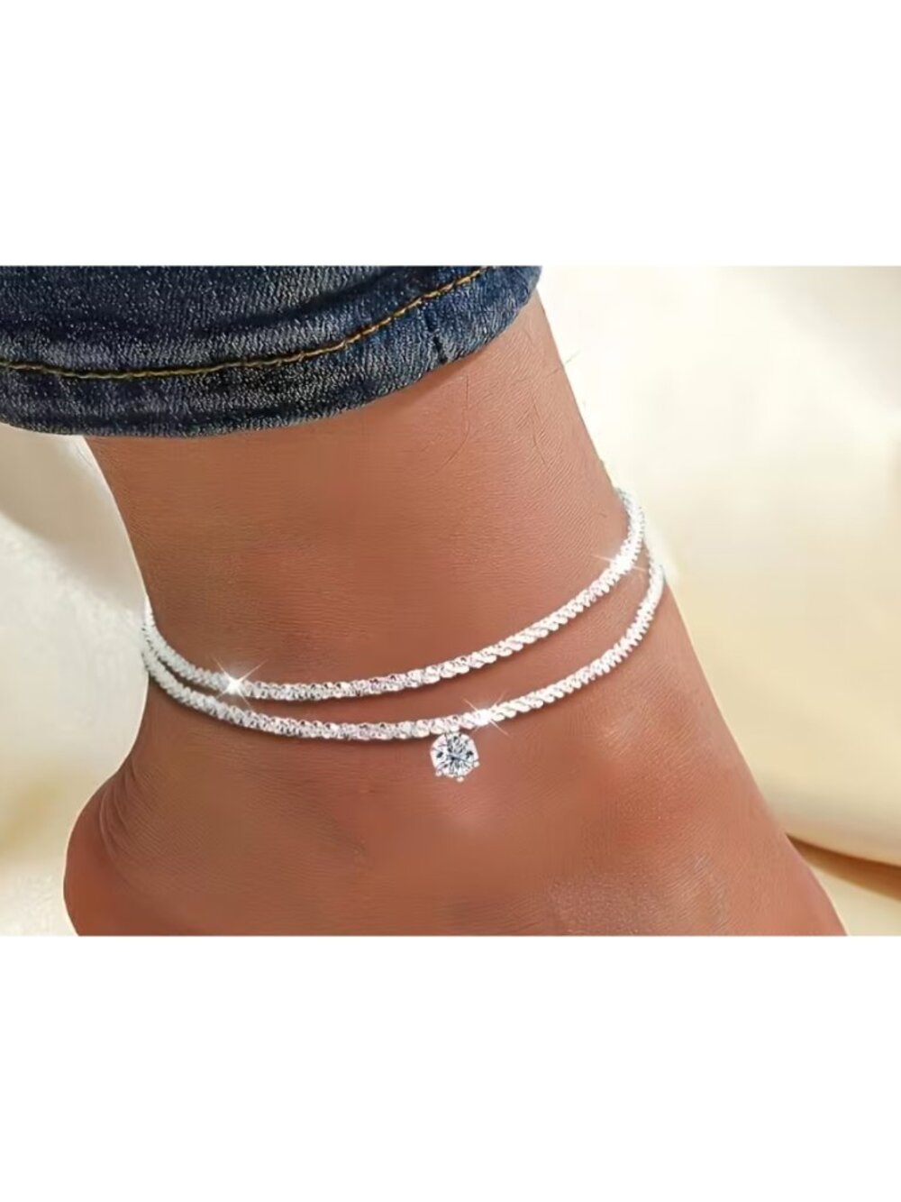 Sparkly Double Layer Rhinestone Dangle Anklet Stainless Steel Waterproof Silver